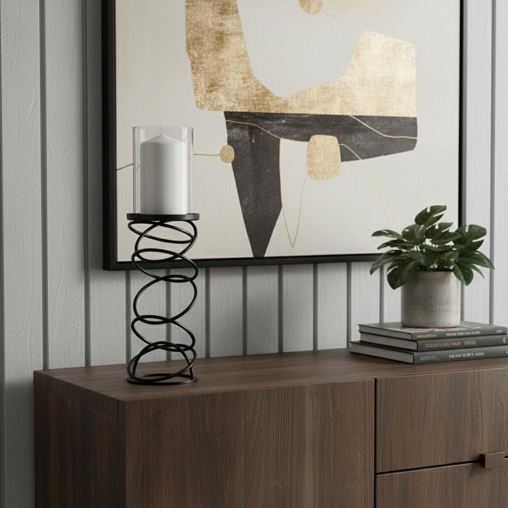 17" Black Geometric Glass And Metal Tabletop Pillar Candle Holder — view 5