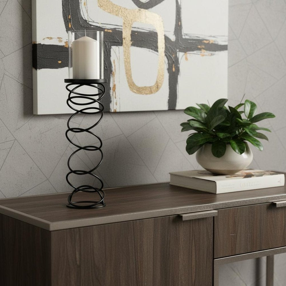 21" Black Geometric Glass And Metal Tabletop Pillar Candle Holder HomeRoots