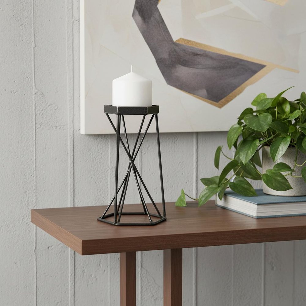 8" Black Distressed Geometric Metal Tabletop Dish Candle Holder — view 5