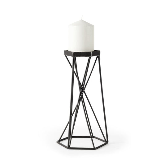 11" Black Distressed Geometric Metal Tabletop Pillar Candle Holder
