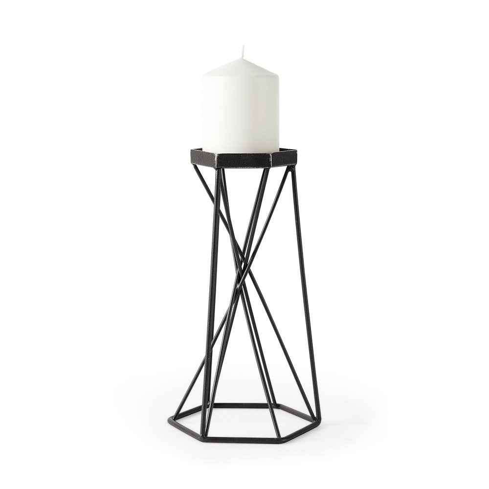 11" Black Distressed Geometric Metal Tabletop Pillar Candle Holder — view 1