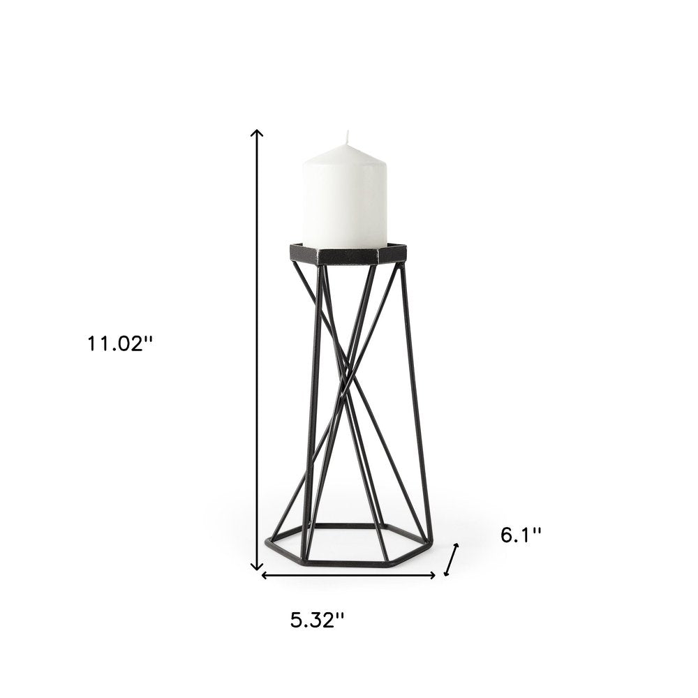 11" Black Distressed Geometric Metal Tabletop Pillar Candle Holder HomeRoots