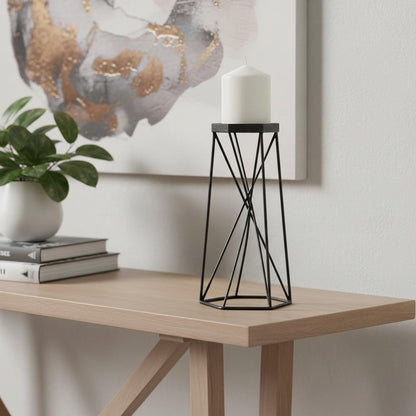 11" Black Distressed Geometric Metal Tabletop Pillar Candle Holder HomeRoots