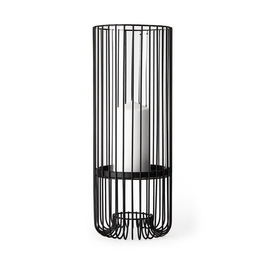 17" Black Abstract Metal And Glass Tabletop Hurricane Candle Holder HomeRoots