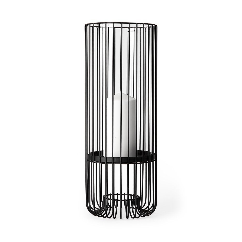 17" Black Abstract Metal And Glass Tabletop Hurricane Candle Holder HomeRoots