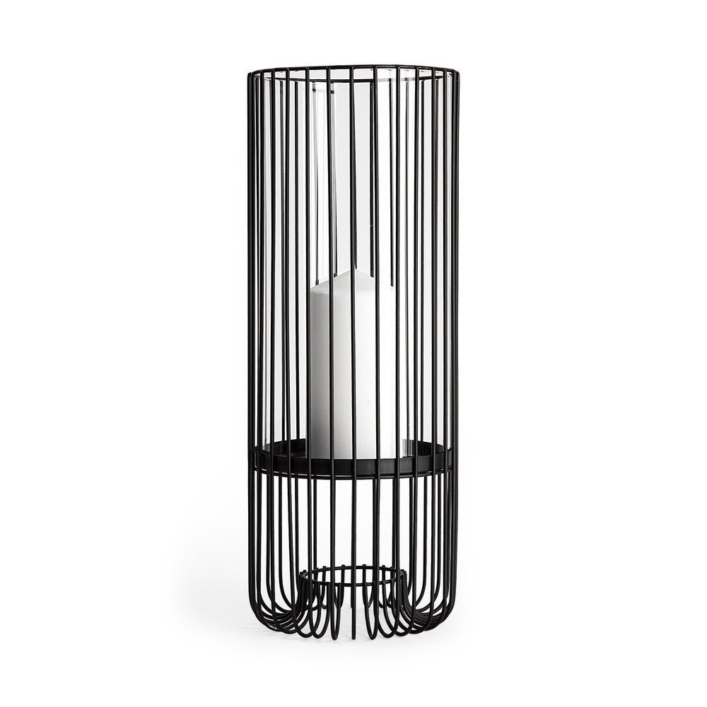 17" Black Abstract Metal And Glass Tabletop Hurricane Candle Holder HomeRoots