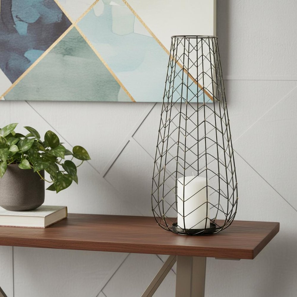 24" Gold Distressed Lattice Metal Tabletop Hurricane Candle Holder — view 5