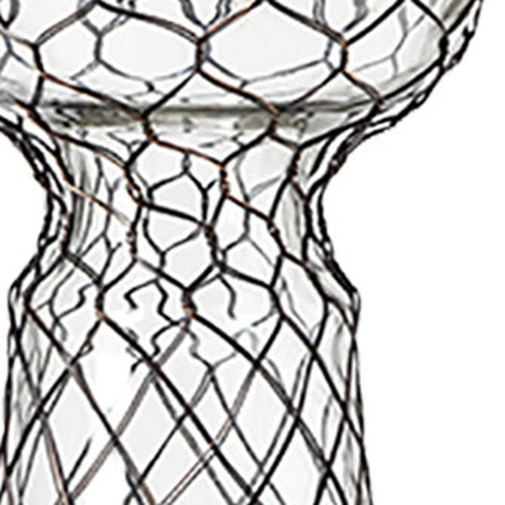 11" Black Distressed Lattice Metal And Glass Tabletop Pillar Candle Holder HomeRoots