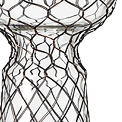 11" Black Distressed Lattice Metal And Glass Tabletop Pillar Candle Holder HomeRoots