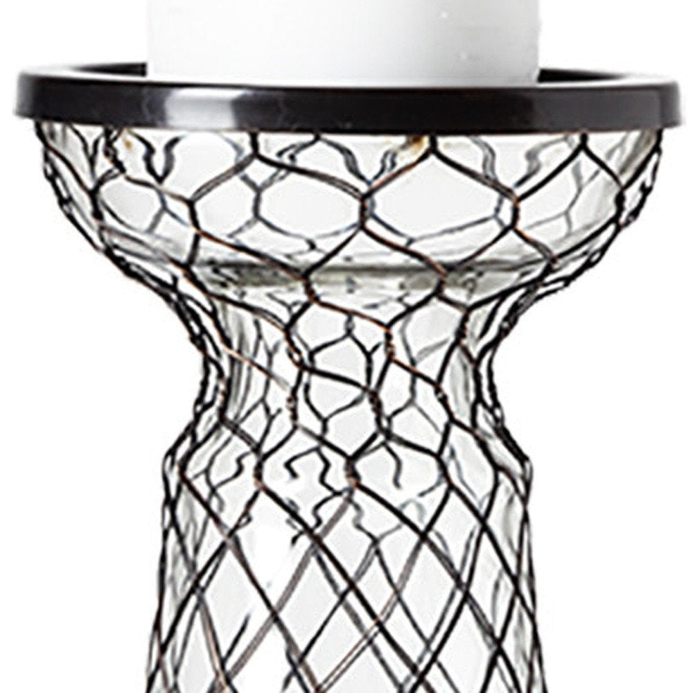 11" Black Distressed Lattice Metal And Glass Tabletop Pillar Candle Holder HomeRoots