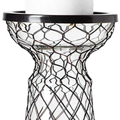 11" Black Distressed Lattice Metal And Glass Tabletop Pillar Candle Holder HomeRoots