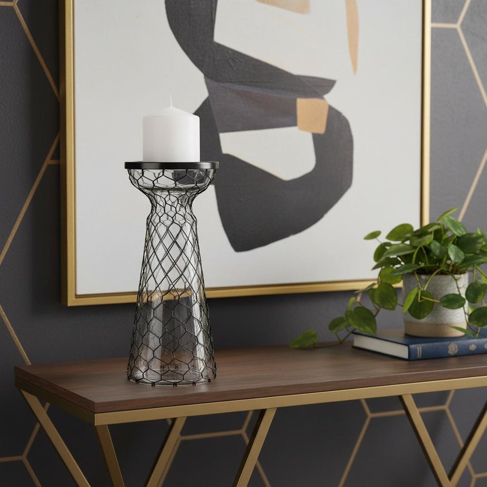 11" Black Distressed Lattice Metal And Glass Tabletop Pillar Candle Holder HomeRoots