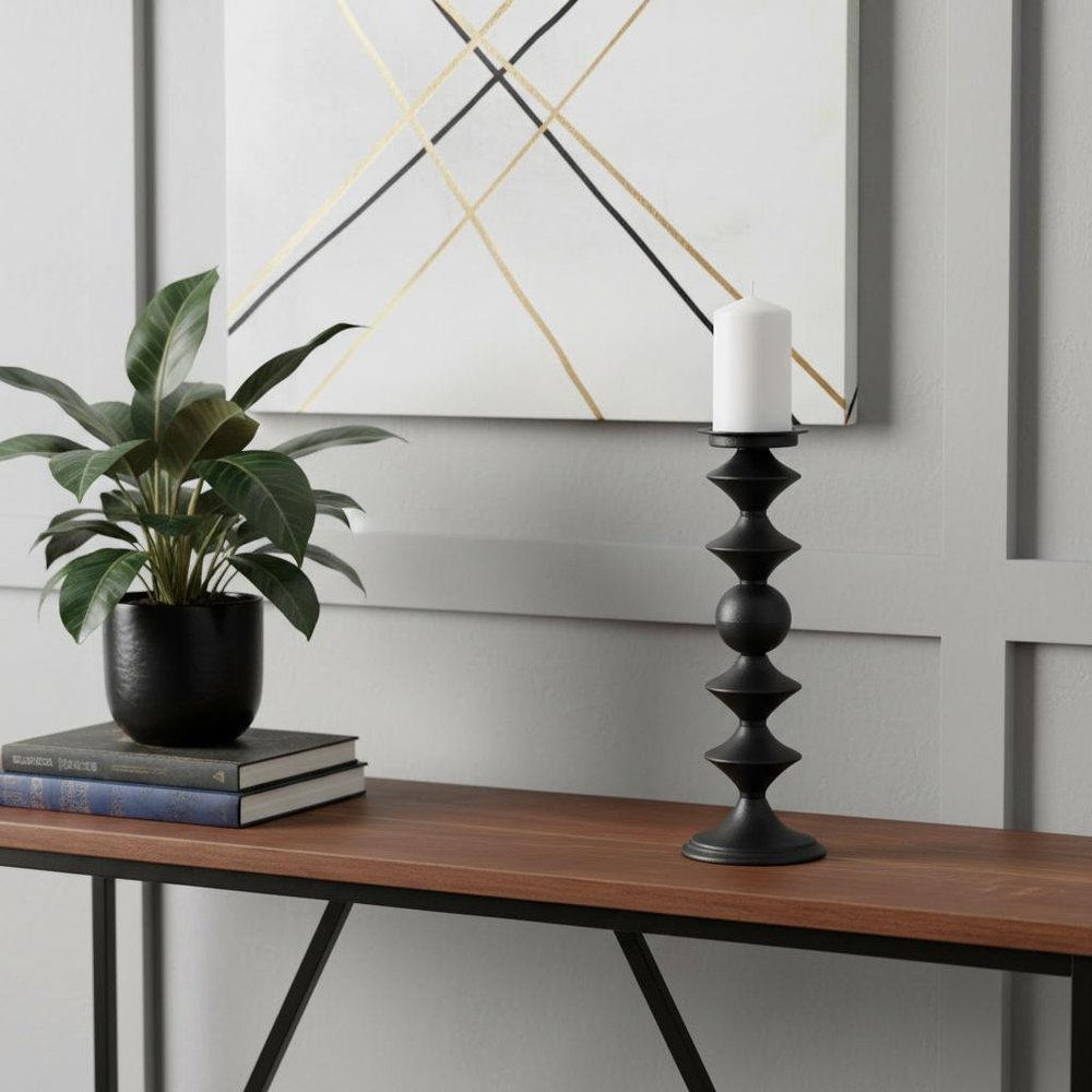 16" Black Metal Tabletop Pillar Candle Holder HomeRoots