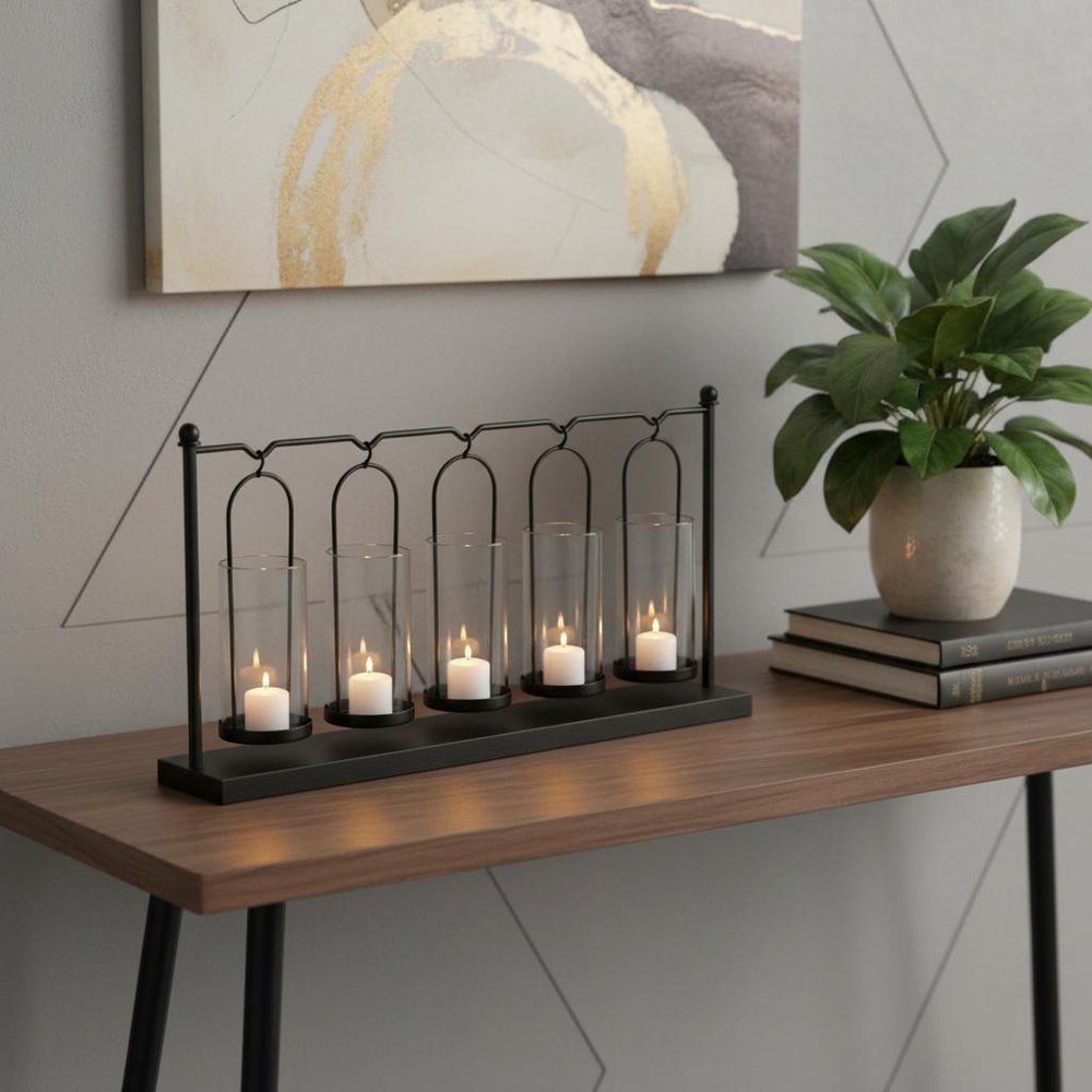 13" Black Geometric Metal And Glass Tabletop Votive Candle Holder HomeRoots