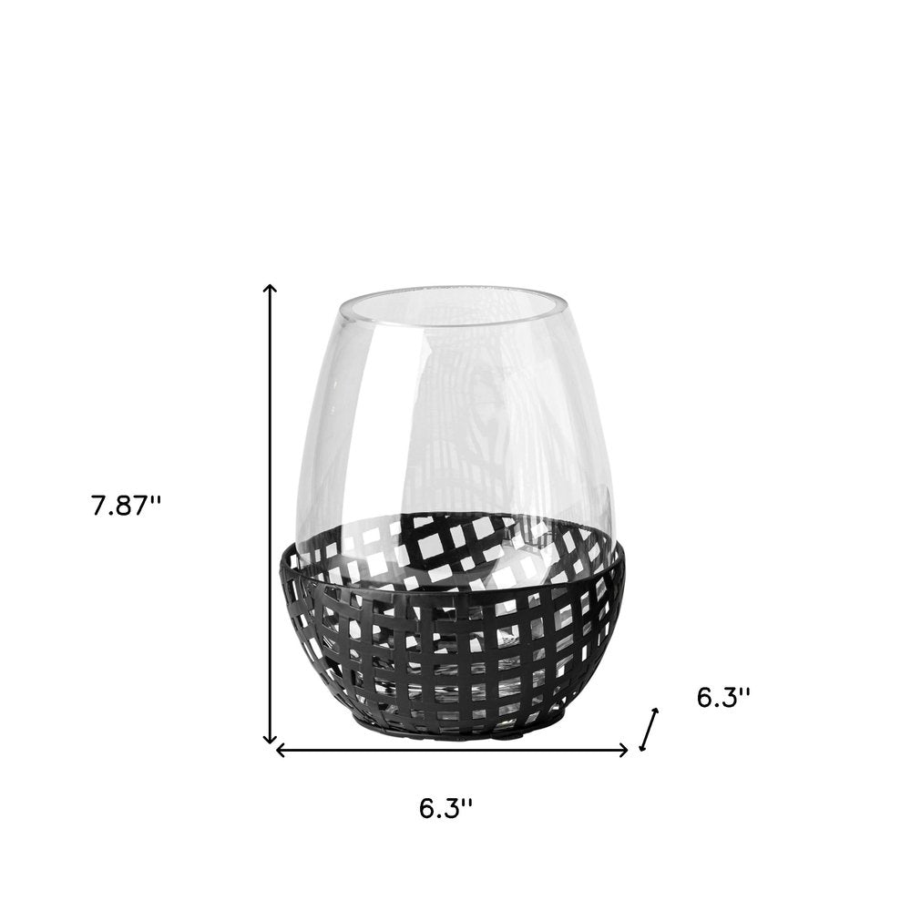8" Black Woven Metal And Glass Tabletop Hurricane Candle Holder HomeRoots
