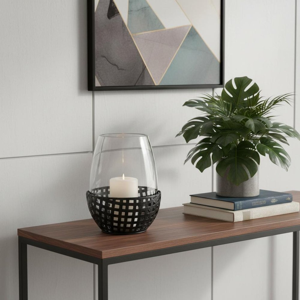 8" Black Woven Metal And Glass Tabletop Hurricane Candle Holder — view 5