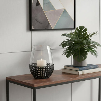 8" Black Woven Metal And Glass Tabletop Hurricane Candle Holder