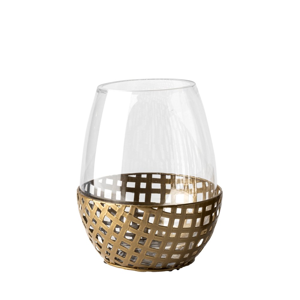 8" Gold Woven Metal And Glass Tabletop Hurricane Candle Holder — view 1