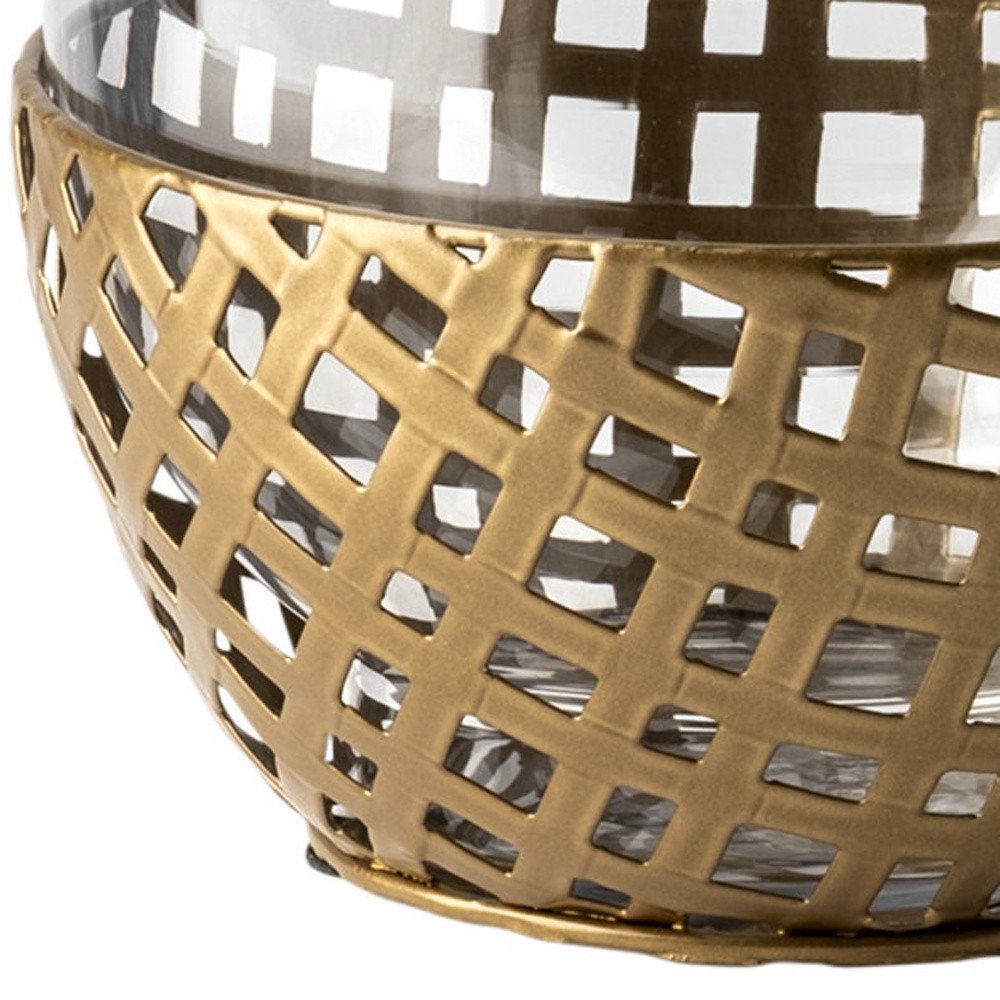 8" Gold Woven Metal And Glass Tabletop Hurricane Candle Holder HomeRoots