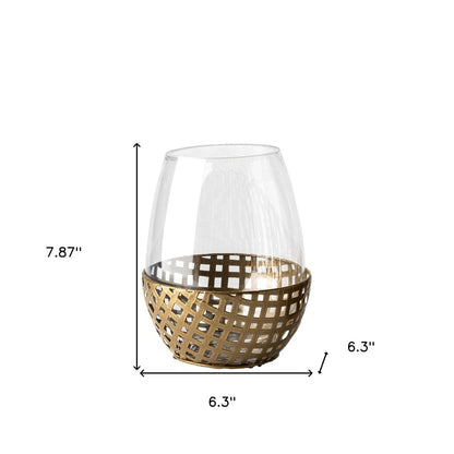 8" Gold Woven Metal And Glass Tabletop Hurricane Candle Holder HomeRoots