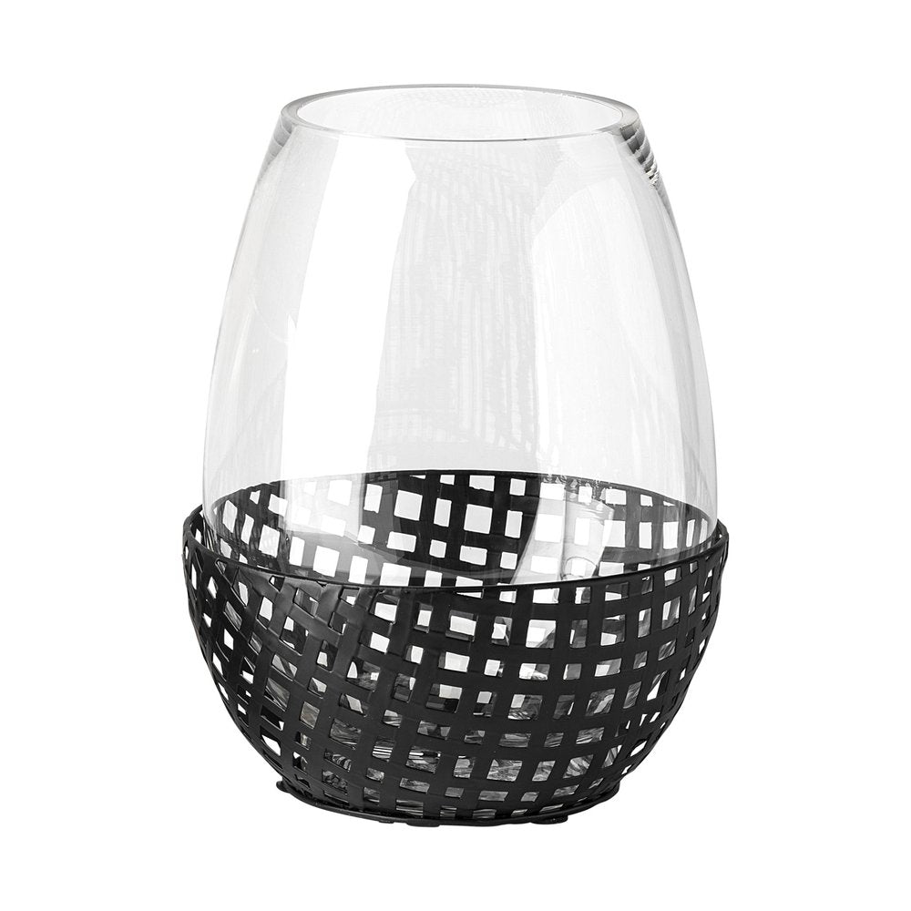 10" Black Woven Metal And Glass Tabletop Hurricane Candle Holder HomeRoots