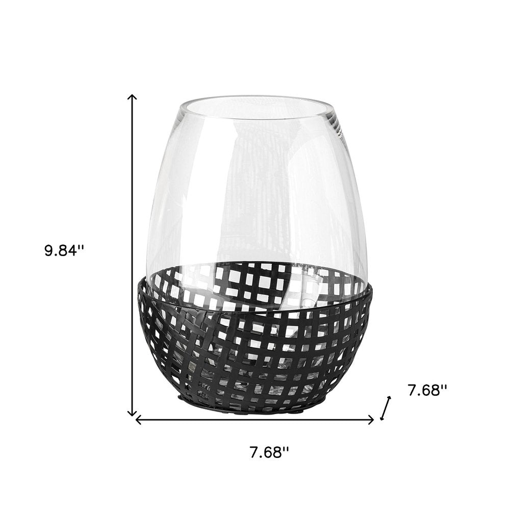 10" Black Woven Metal And Glass Tabletop Hurricane Candle Holder HomeRoots