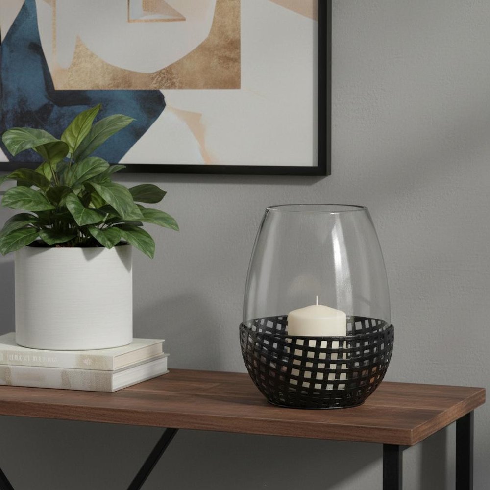 10" Black Woven Metal And Glass Tabletop Hurricane Candle Holder — view 4