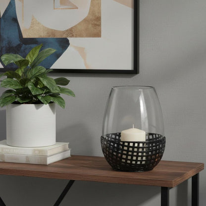 10" Black Woven Metal And Glass Tabletop Hurricane Candle Holder