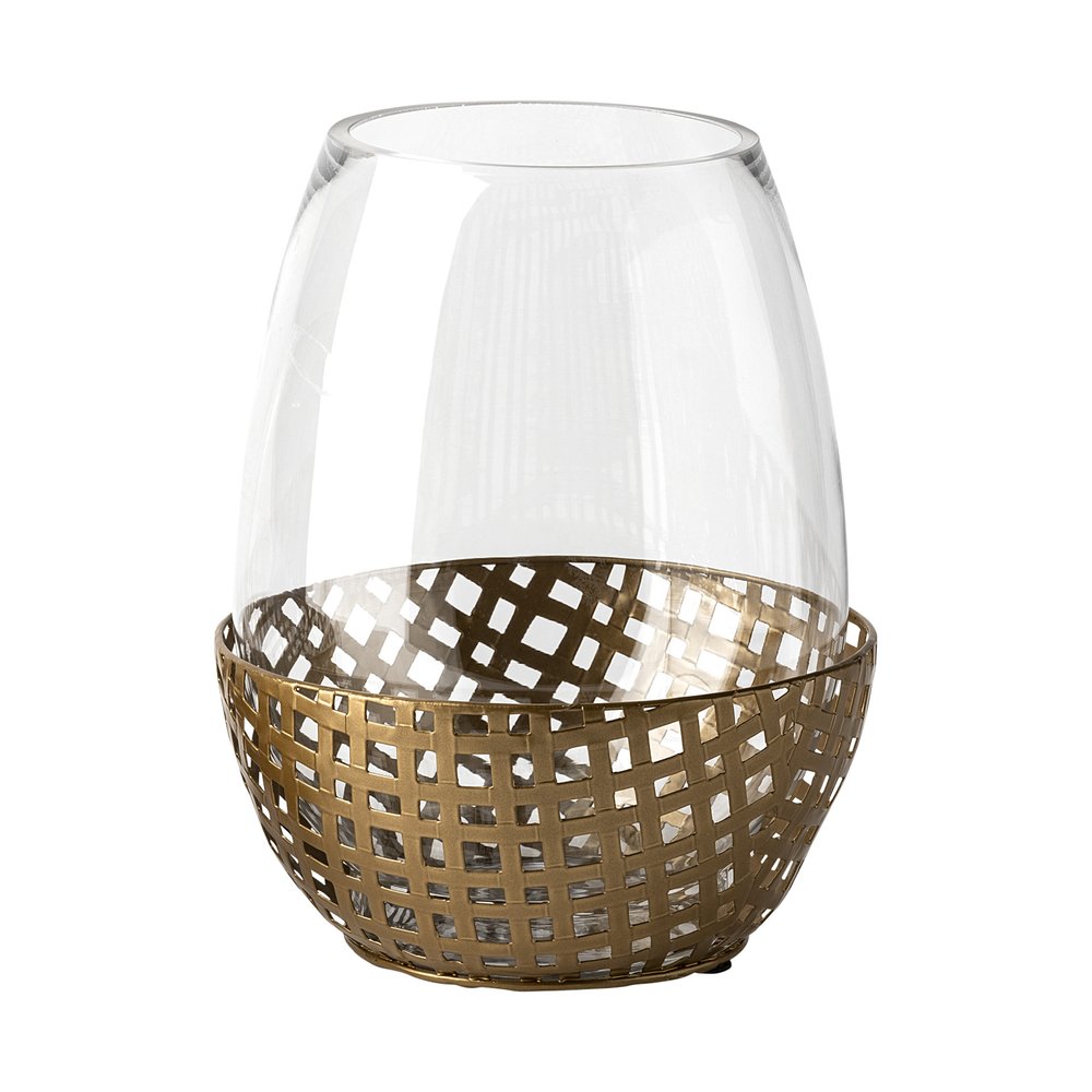 10" Gold And Clear Woven Metal And Glass Tabletop Hurricane Candle Holder HomeRoots