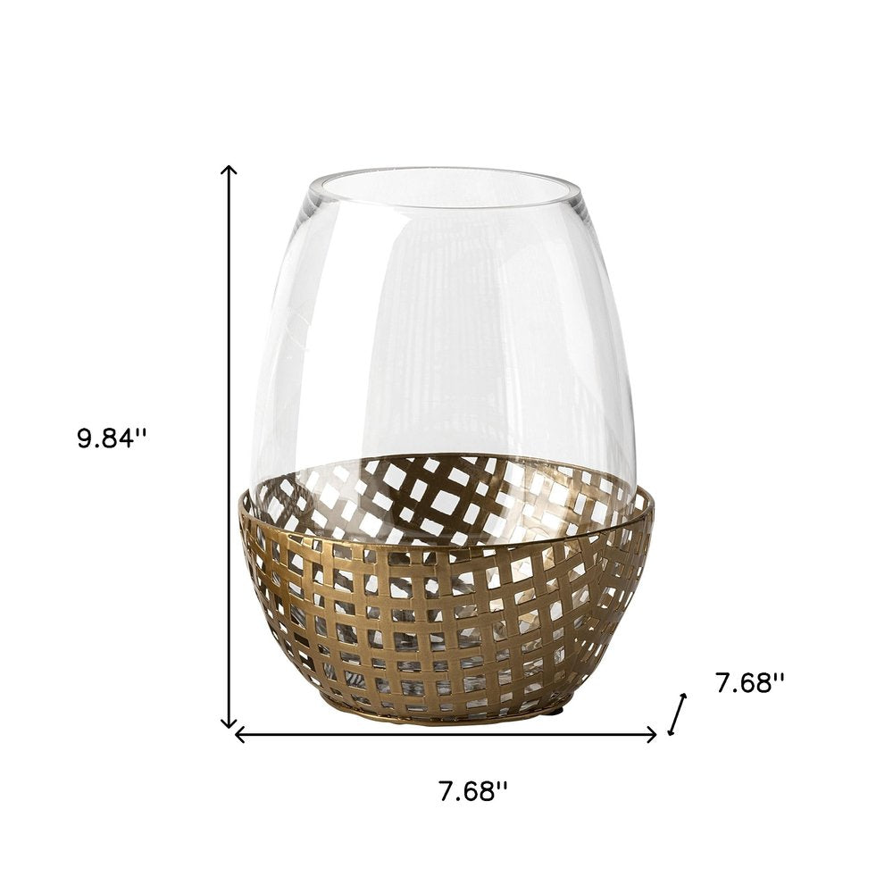 10" Gold And Clear Woven Metal And Glass Tabletop Hurricane Candle Holder HomeRoots