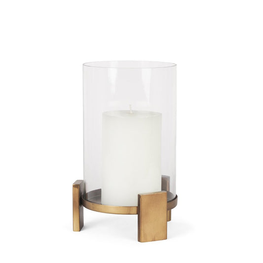 12" Gold Geometric Glass And Metal Tabletop Hurricane Candle Holder