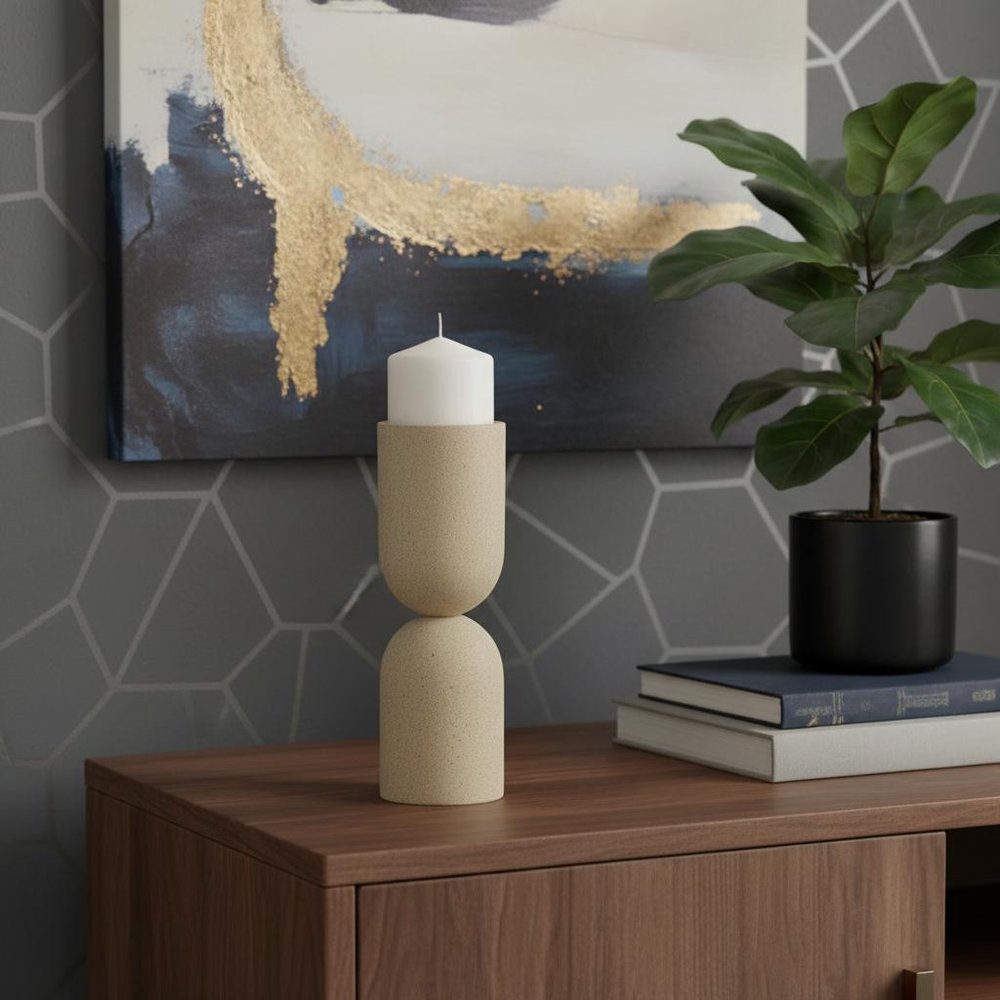 11" Beige Metal Tabletop Pillar Candle Holder HomeRoots