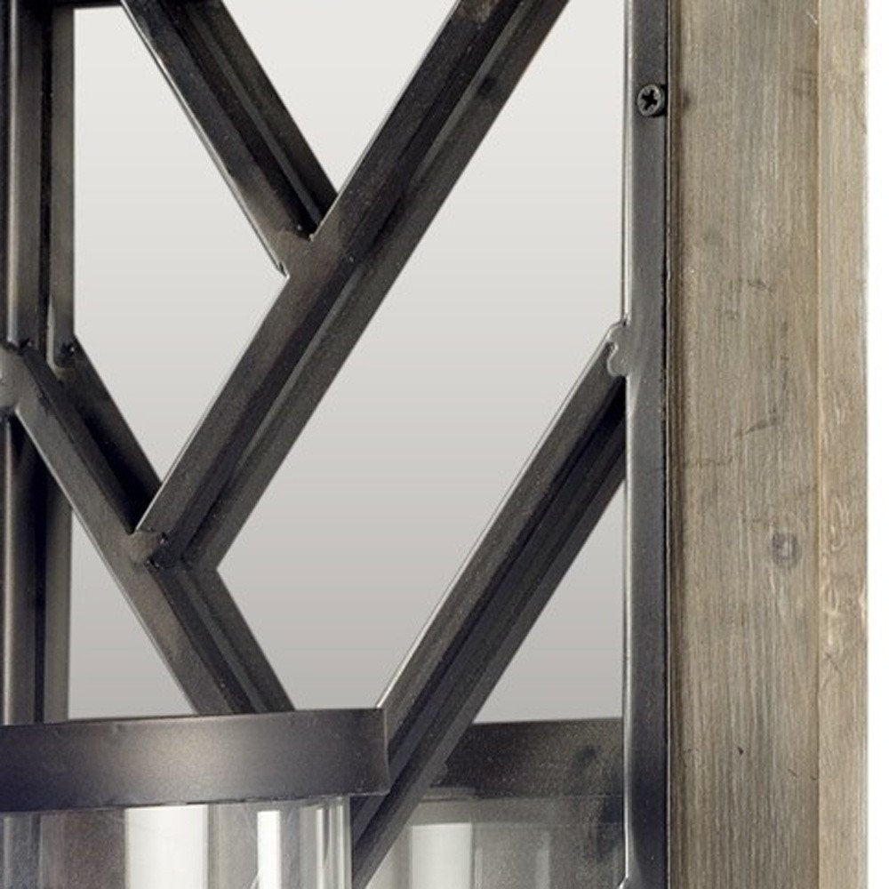 24" Black Distressed Mirrored Metal Glass And Solid Wood Wall Sconce Candle Holder HomeRoots