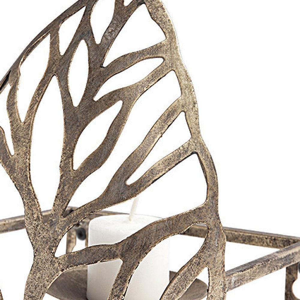 8" Champagne Distressed Botanical Leaf Metal Wall Sconce Candle Holder HomeRoots