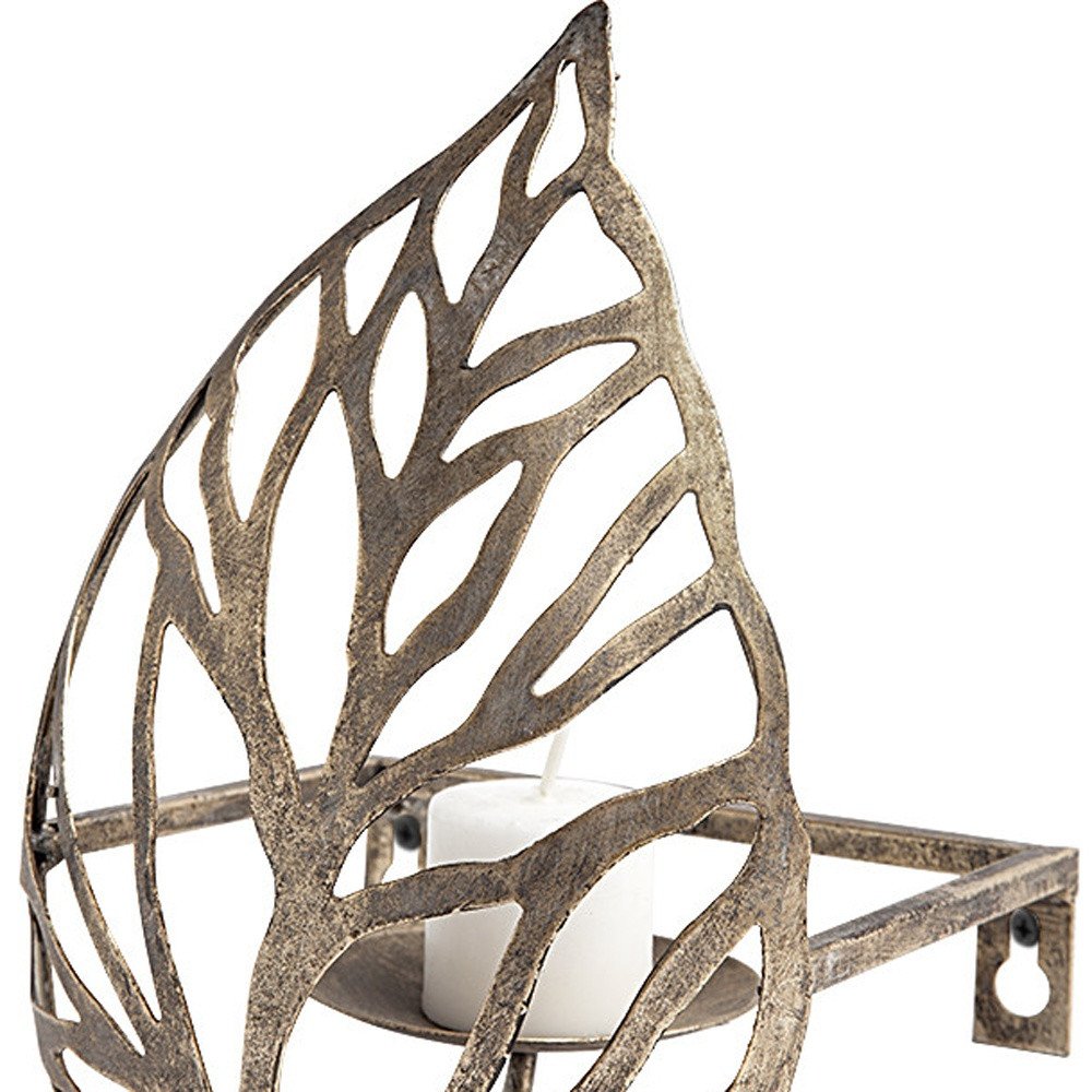 8" Champagne Distressed Botanical Leaf Metal Wall Sconce Candle Holder HomeRoots