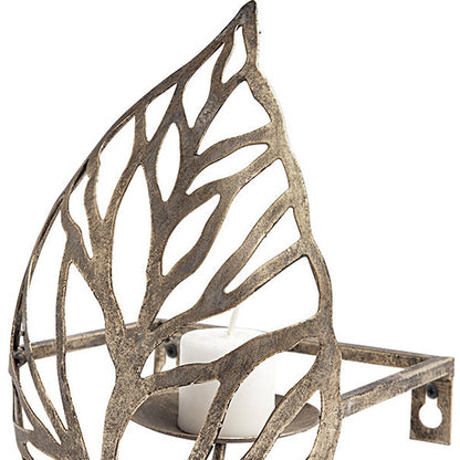 8" Champagne Distressed Botanical Leaf Iron Wall Sconce Candle Holder HomeRoots