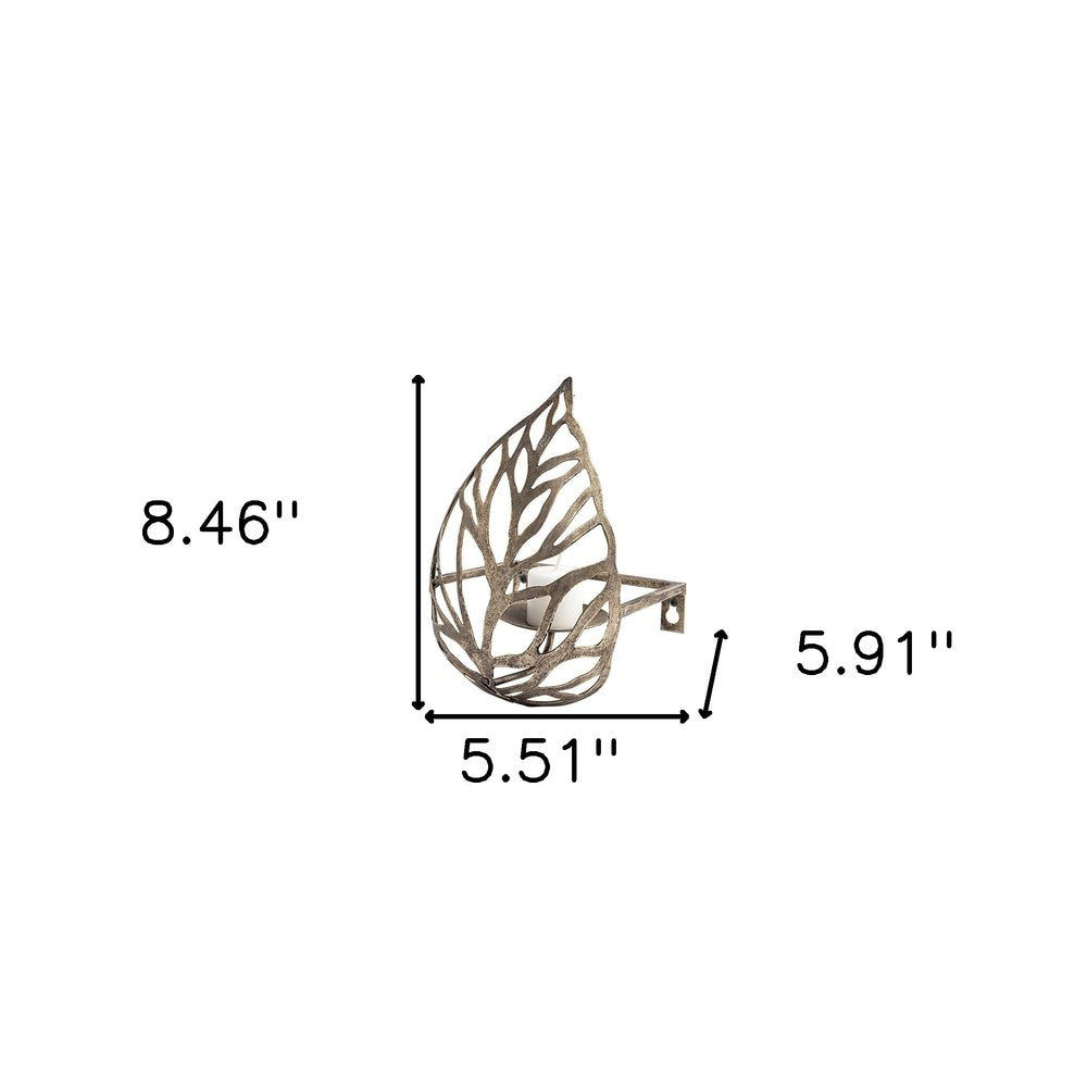 8" Champagne Distressed Botanical Leaf Metal Wall Sconce Candle Holder HomeRoots