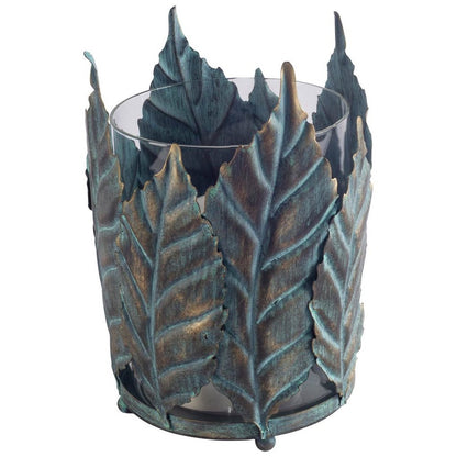 8" Gold Distressed Botanical Leaf Metal And Glass Tabletop Hurricane Candle Holder HomeRoots