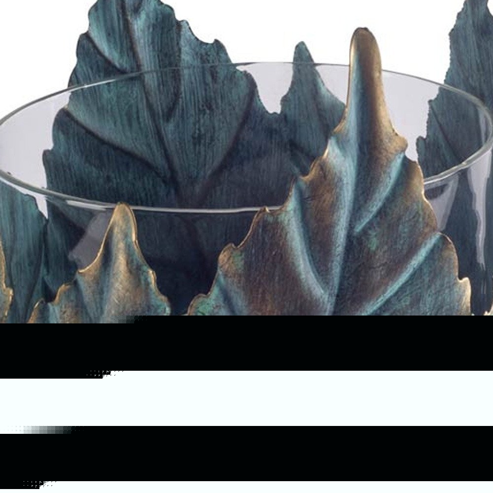 8" Gold Distressed Botanical Leaf Metal And Glass Tabletop Hurricane Candle Holder HomeRoots