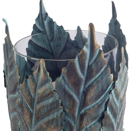 8" Gold Distressed Botanical Leaf Metal And Glass Tabletop Hurricane Candle Holder HomeRoots