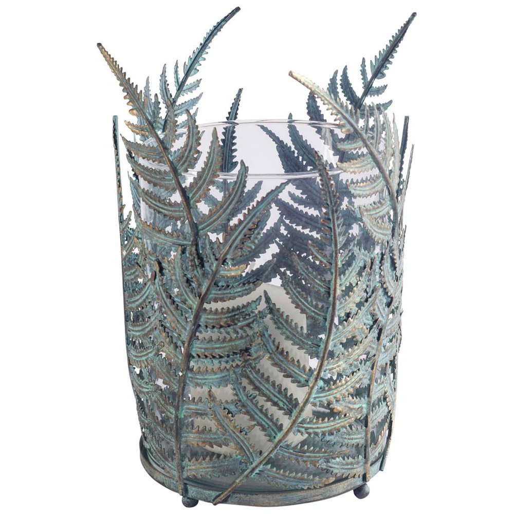 11" Green And Gold Distressed Botanical Leaf Metal Tabletop Hurricane Candle Holder HomeRoots