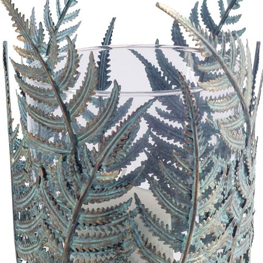 11" Green And Gold Distressed Botanical Leaf Metal Tabletop Hurricane Candle Holder HomeRoots