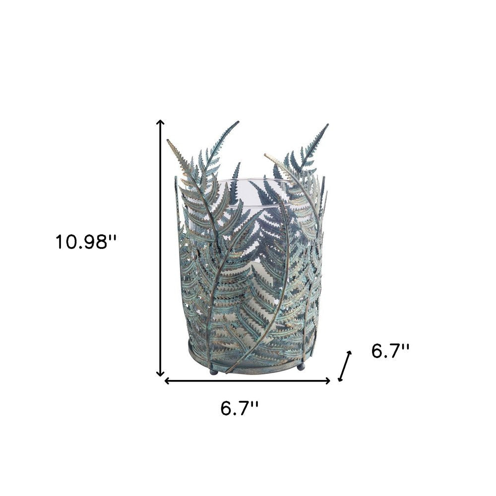 11" Green And Gold Distressed Botanical Leaf Metal Tabletop Hurricane Candle Holder — view 4