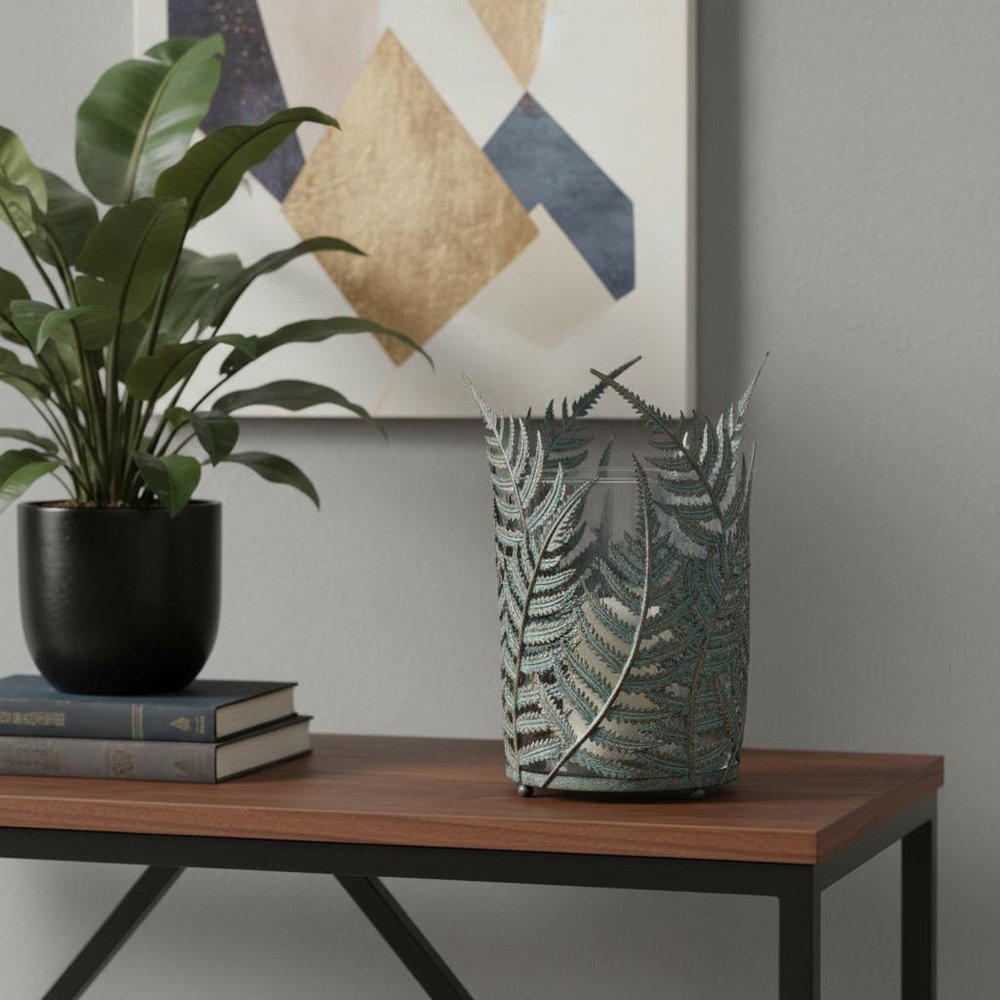 11" Green And Gold Distressed Botanical Leaf Metal Tabletop Hurricane Candle Holder — view 5