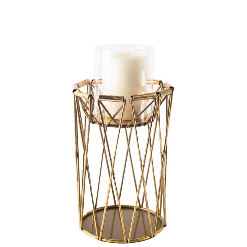 8" Antiqued Brass Distressed Geometric Metal And Glass Tabletop Hurricane Candle Holder — view 1