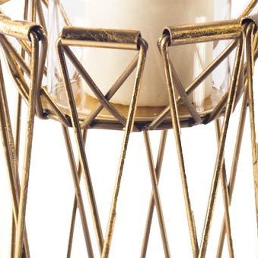 8" Antiqued Brass Distressed Geometric Metal And Glass Tabletop Hurricane Candle Holder — view 2