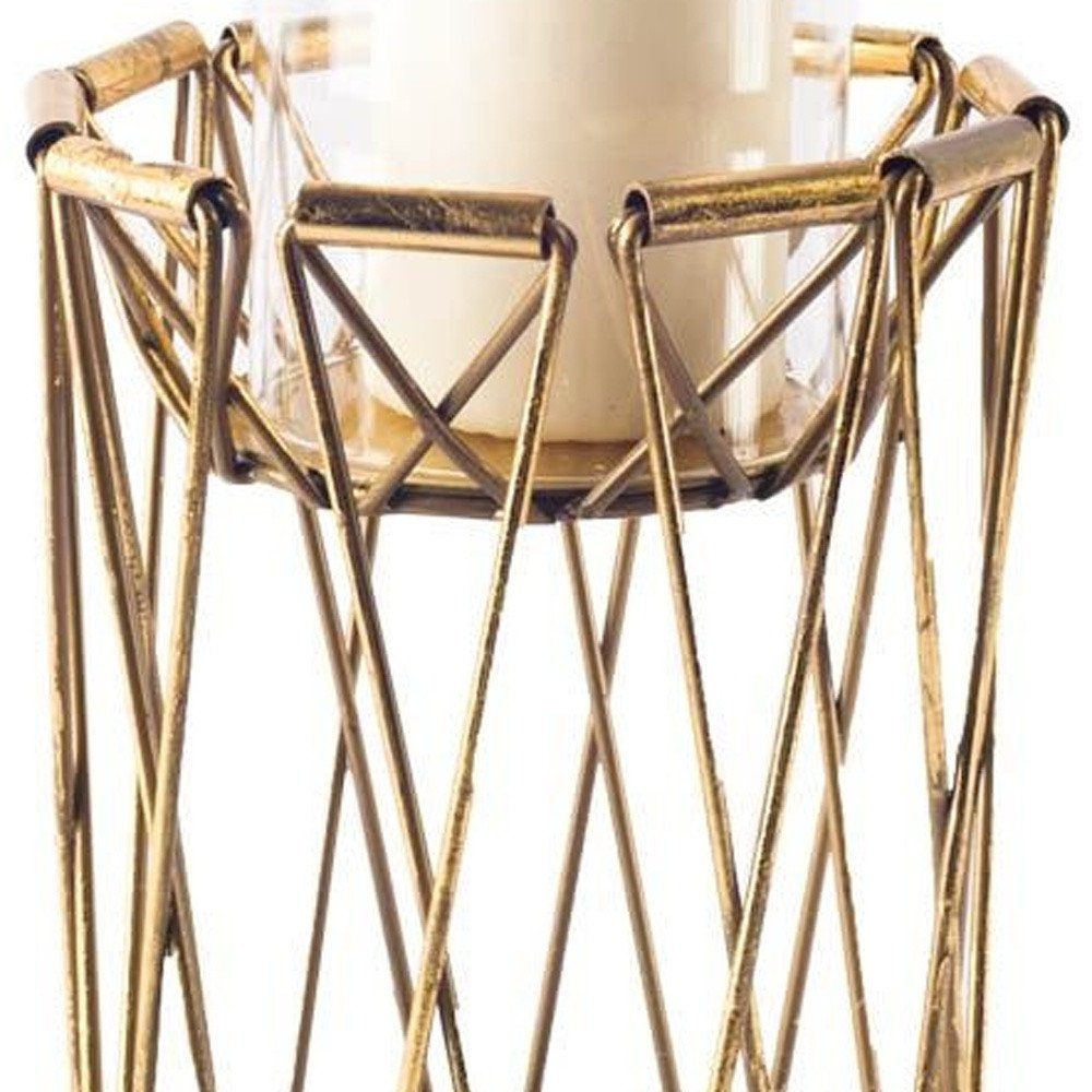 8" Antiqued Brass Distressed Geometric Metal And Glass Tabletop Hurricane Candle Holder — view 3