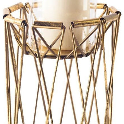 8" Antiqued Brass Distressed Geometric Metal And Glass Tabletop Hurricane Candle Holder HomeRoots