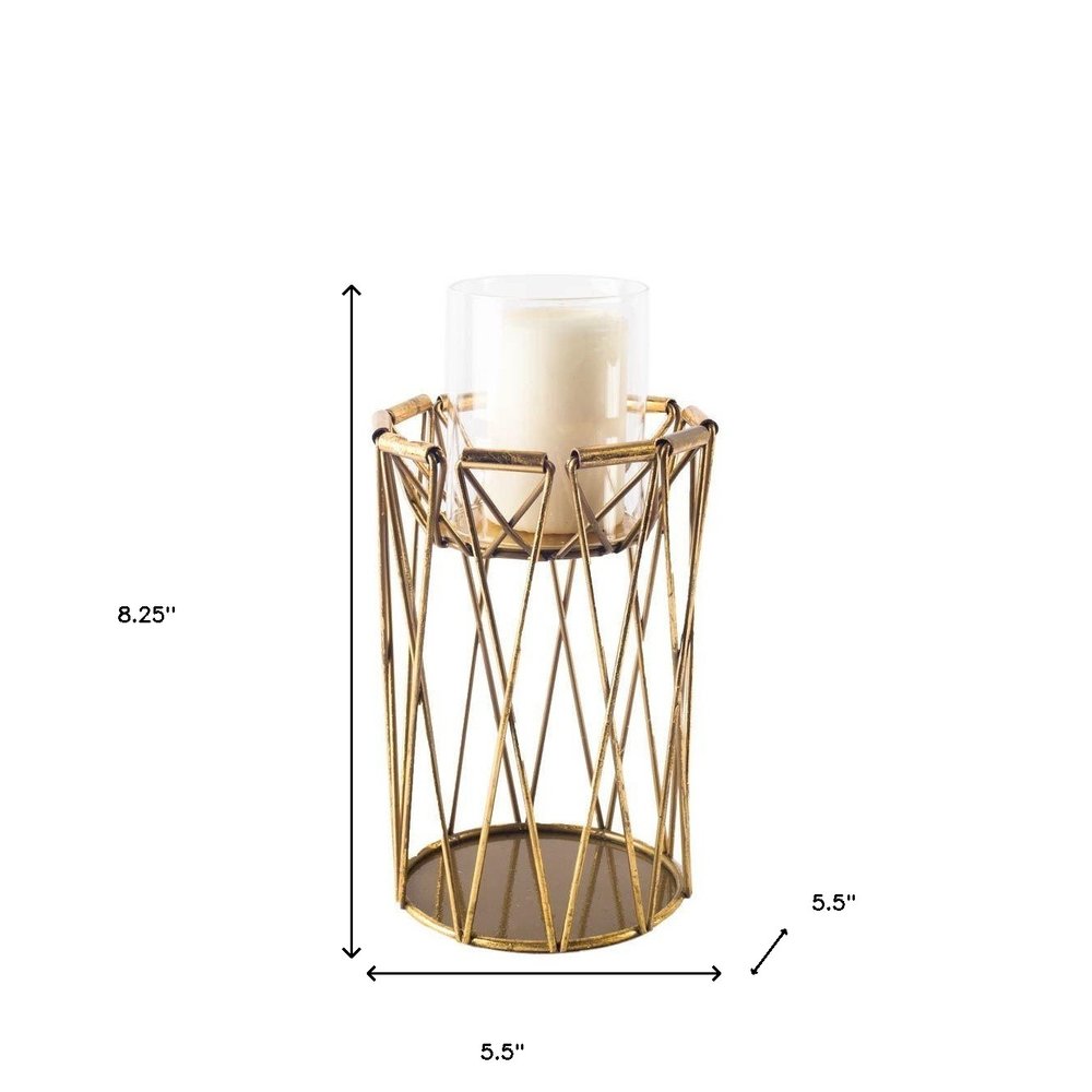 8" Antiqued Brass Distressed Geometric Metal And Glass Tabletop Hurricane Candle Holder — view 4