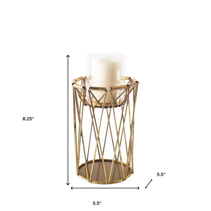 8" Antiqued Brass Distressed Geometric Metal And Glass Tabletop Hurricane Candle Holder